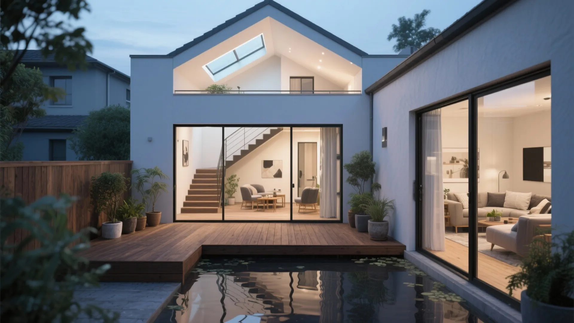 Modern white house with wooden deck, small pond, sliding glass doors, and a roof window