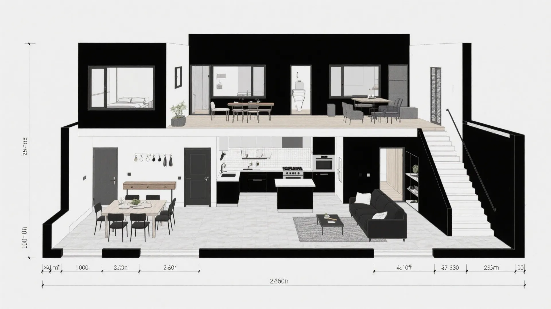Top-down CAD plan showing a courtyard spine with social zones below and sleep loop above