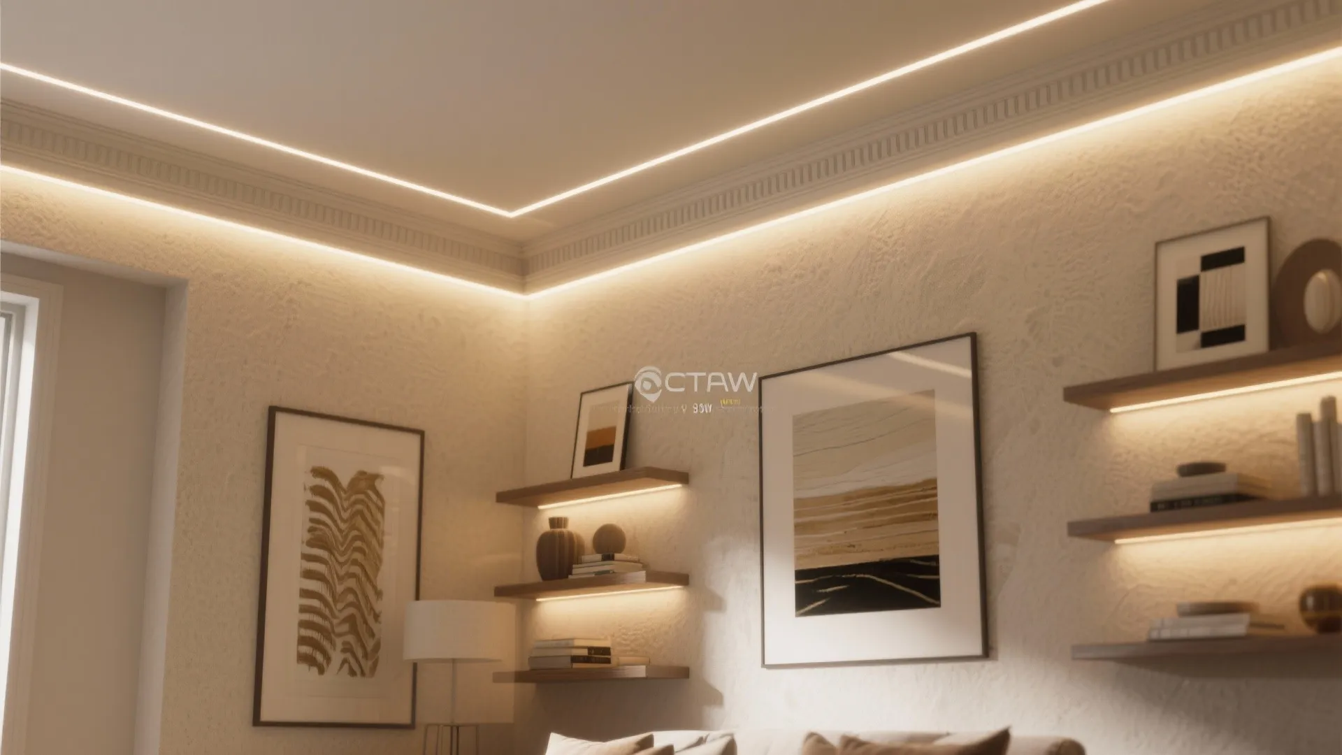 Modern interior wall with glowing ceiling light strip wooden shelves framed art and warm lighting