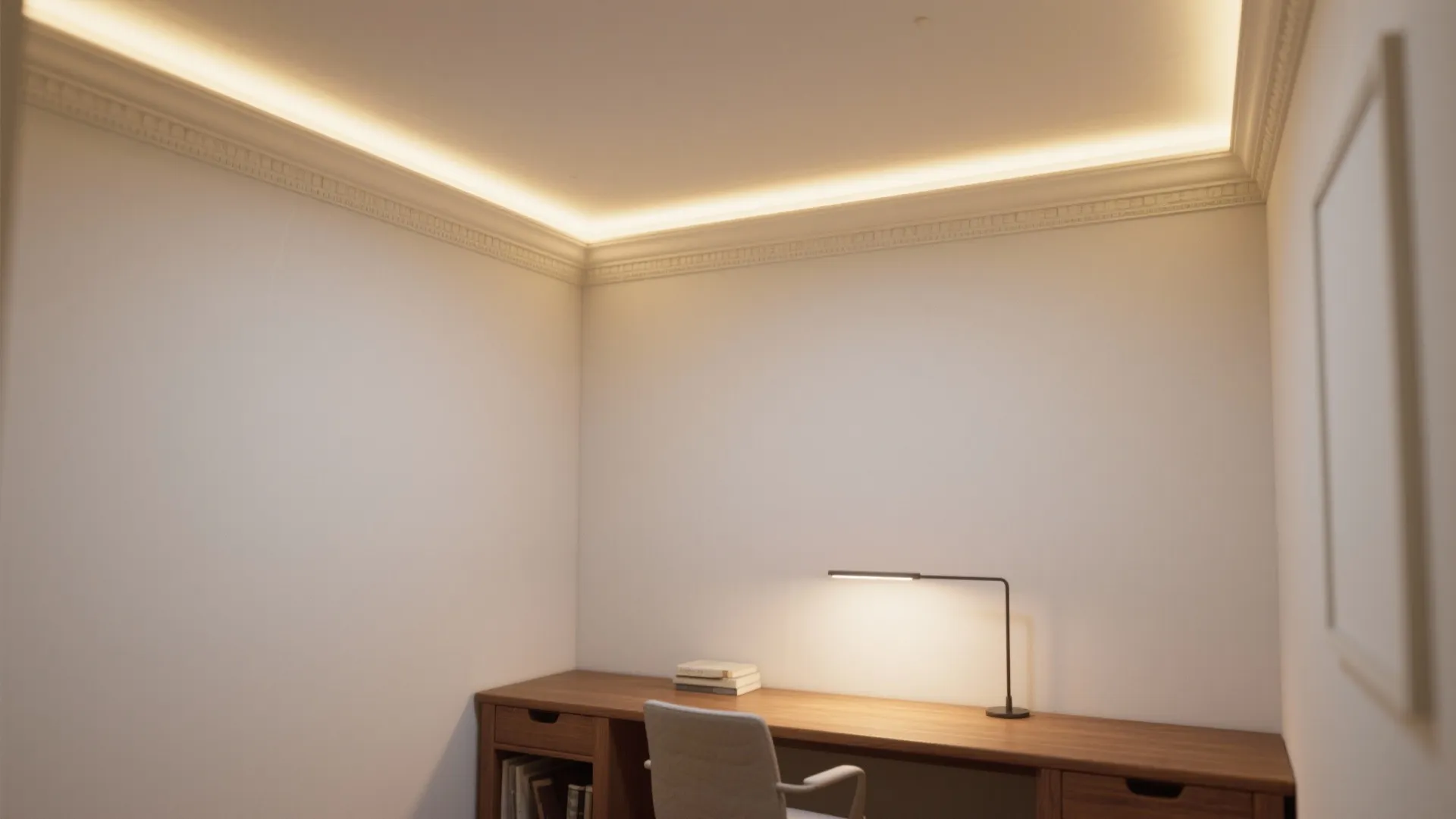 Minimalist study area featuring wooden desk and warm hidden ceiling light with a desk lamp