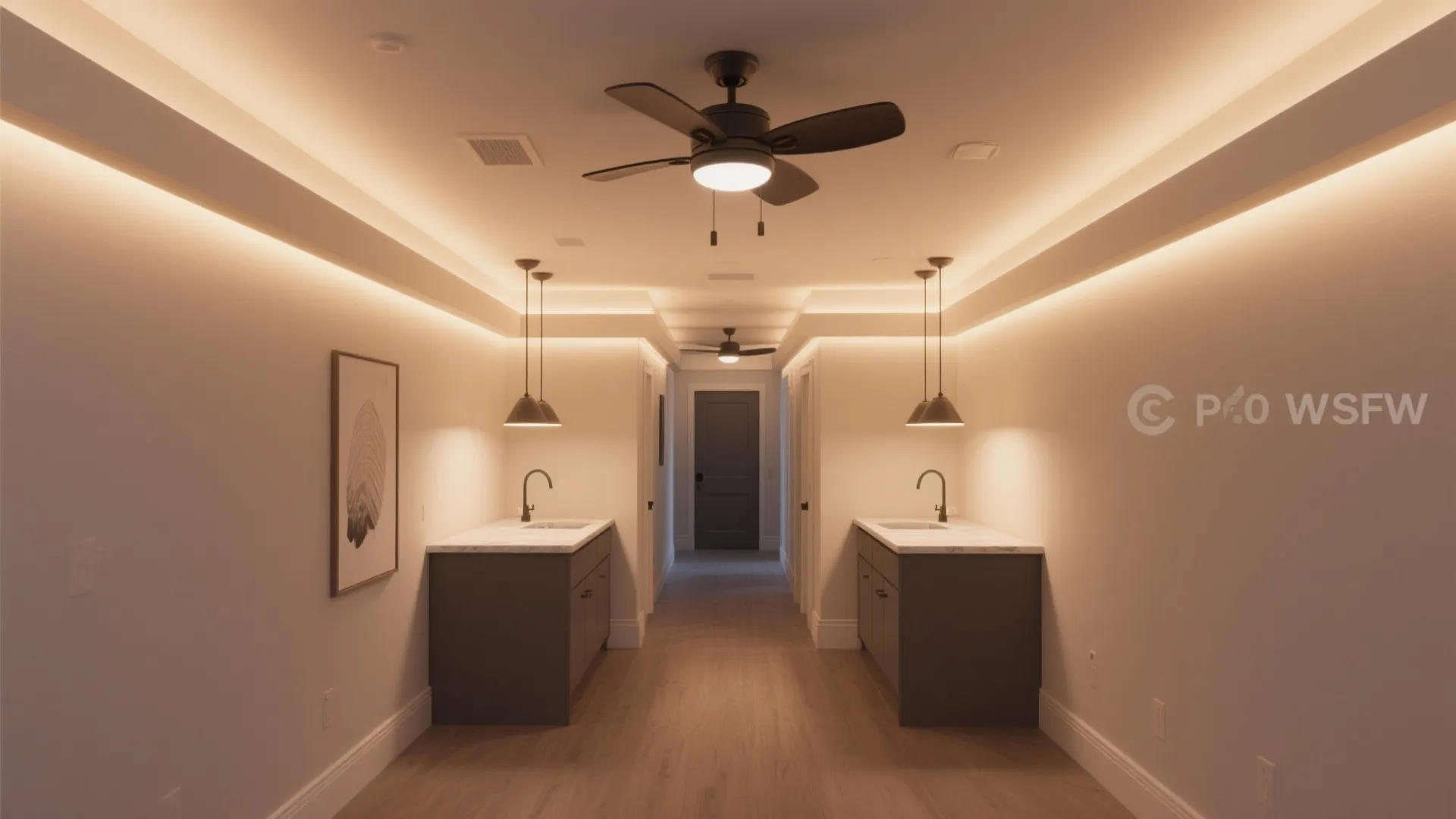 Hallway with two dark cabinets, marble counters, ceiling fans, warm cove lighting and wooden floors
