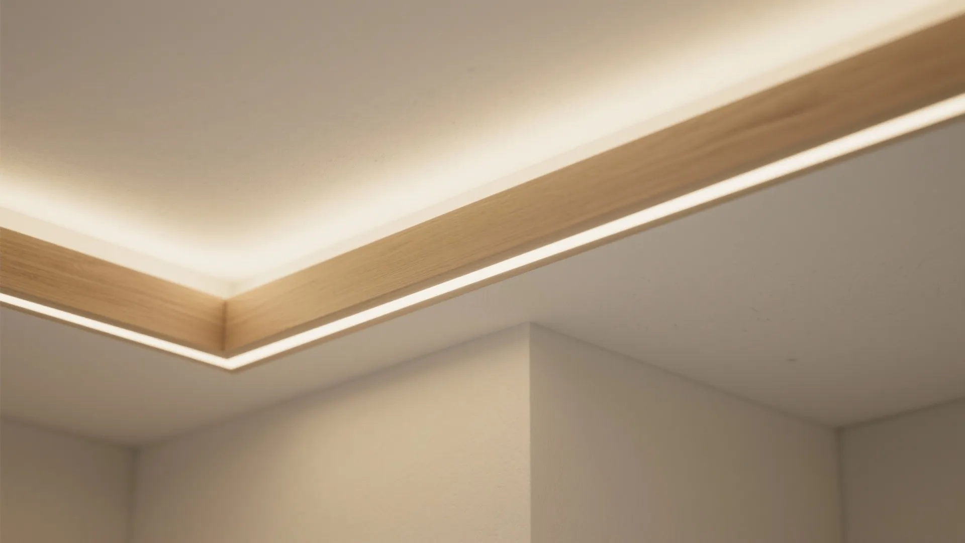 Close up of wooden ceiling light fixture with integrated warm led strip lighting in room