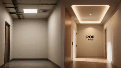 Before & After: Office Hallway Transformation with Warm Lighting & Branding