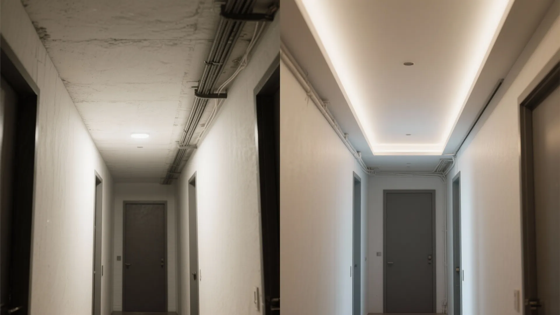 Before and after comparison of hallway ceiling from exposed wires to a clean recessed light finish