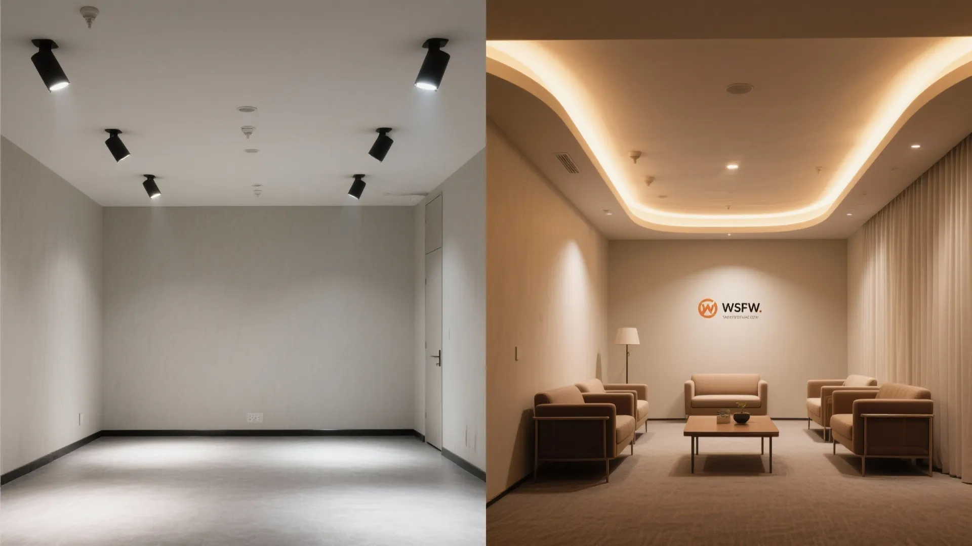 Comparison between empty room with spotlights and furnished waiting area with warm curved ceiling lights