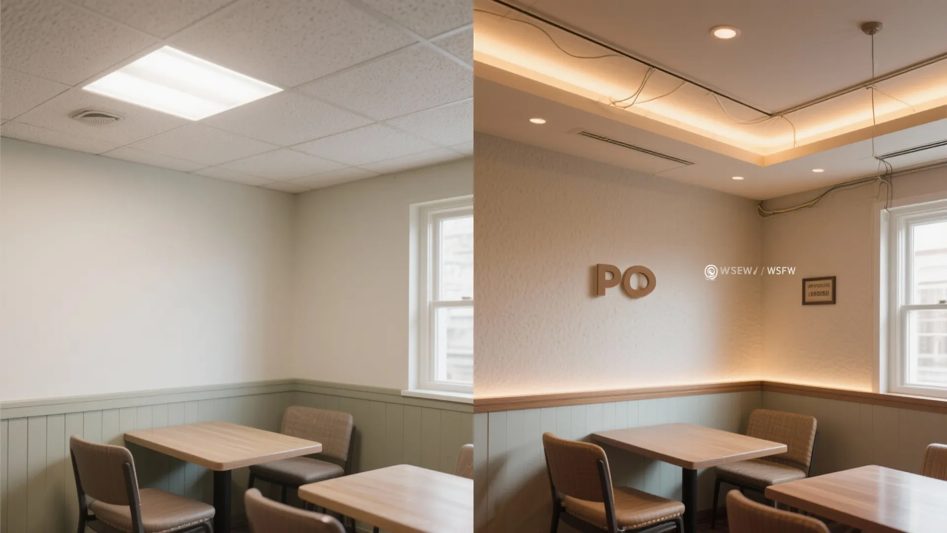 Before and after comparison of basic office lighting versus warm hidden led strip ceiling light design
