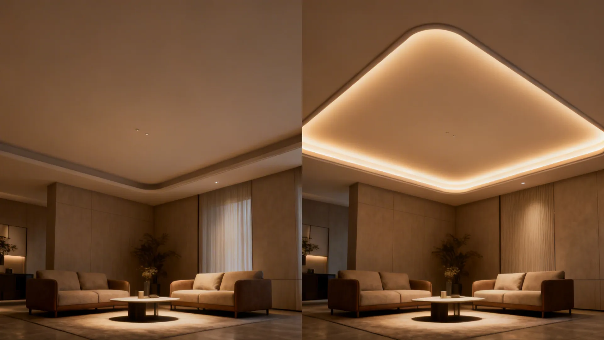 Before-and-after comparison showing a plain ceiling versus a floating PVC cove with a warm halo.