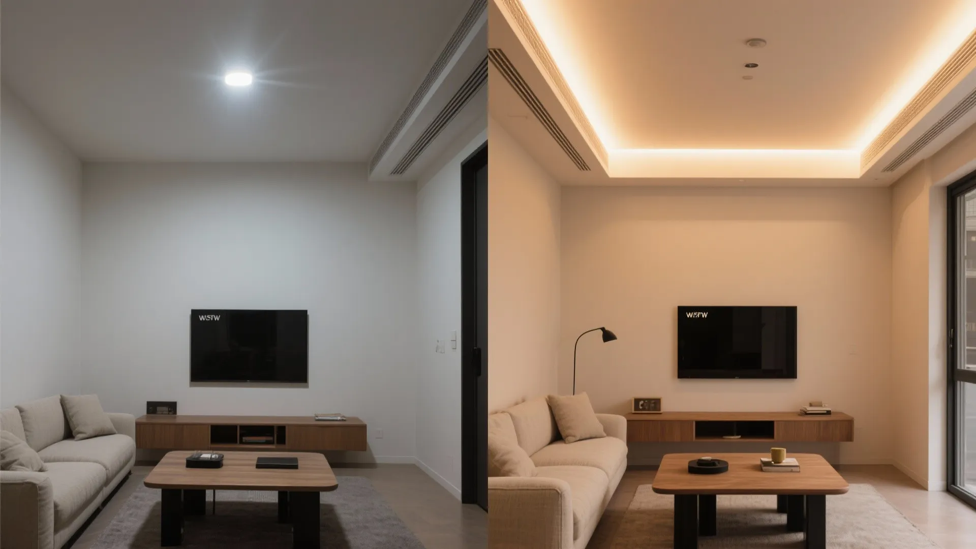 Living room comparison showing one bright ceiling light versus soft warm hidden ceiling light design