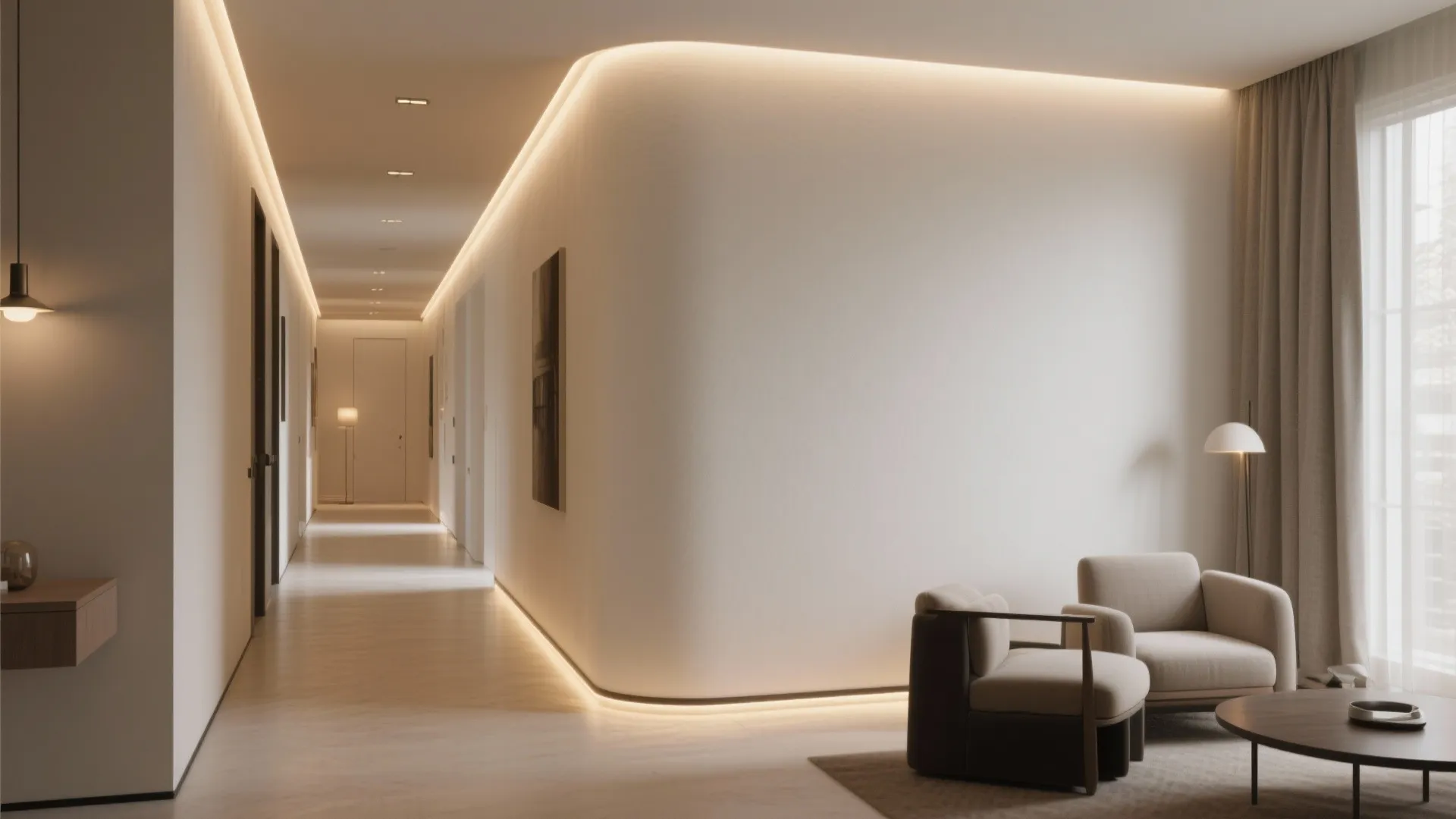Minimalist hallway with curved wall featuring hidden light strips two armchairs and small coffee table