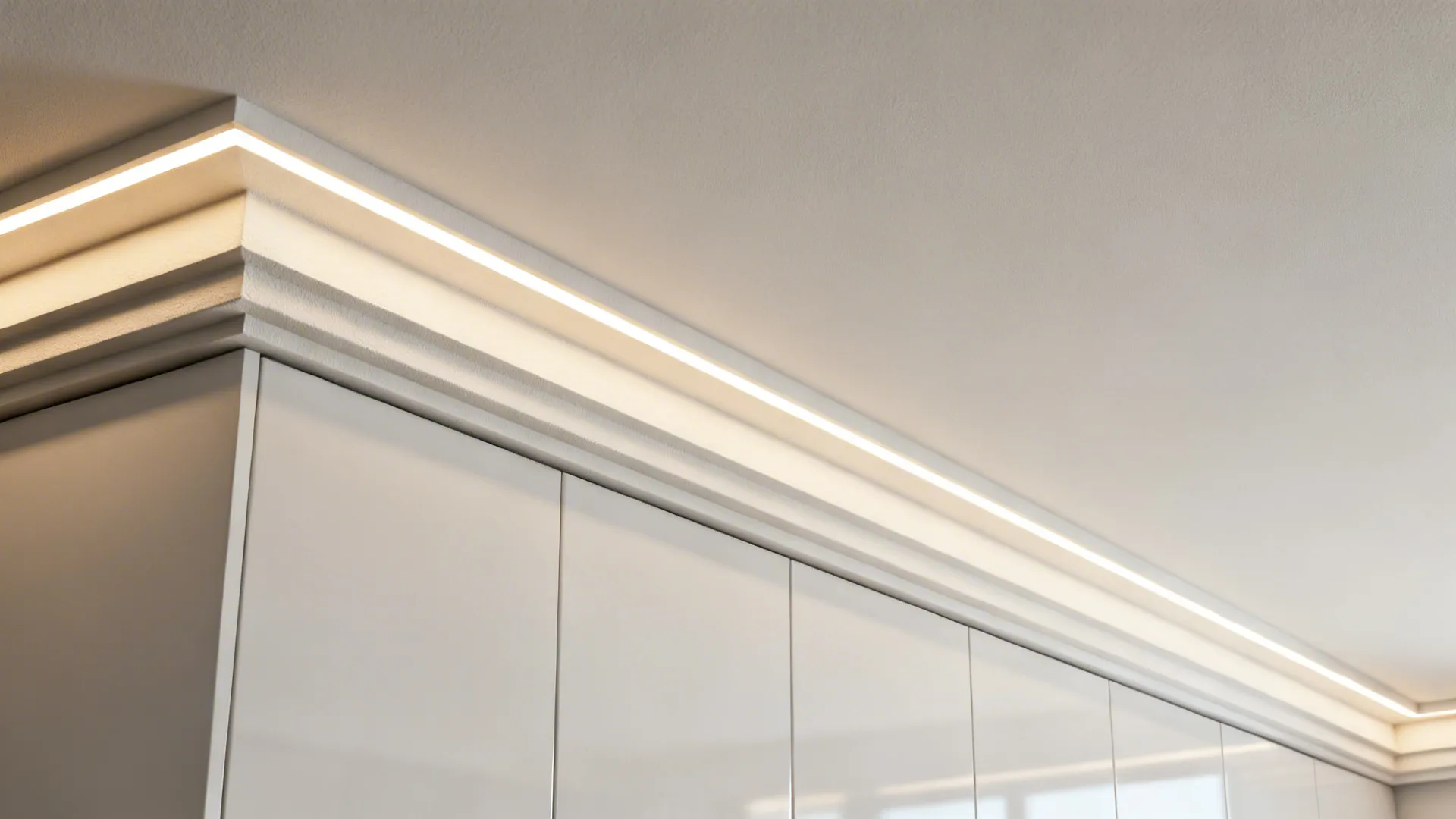 Close-up of a POP ceiling’s slim stepped border with hidden linear LED cove.