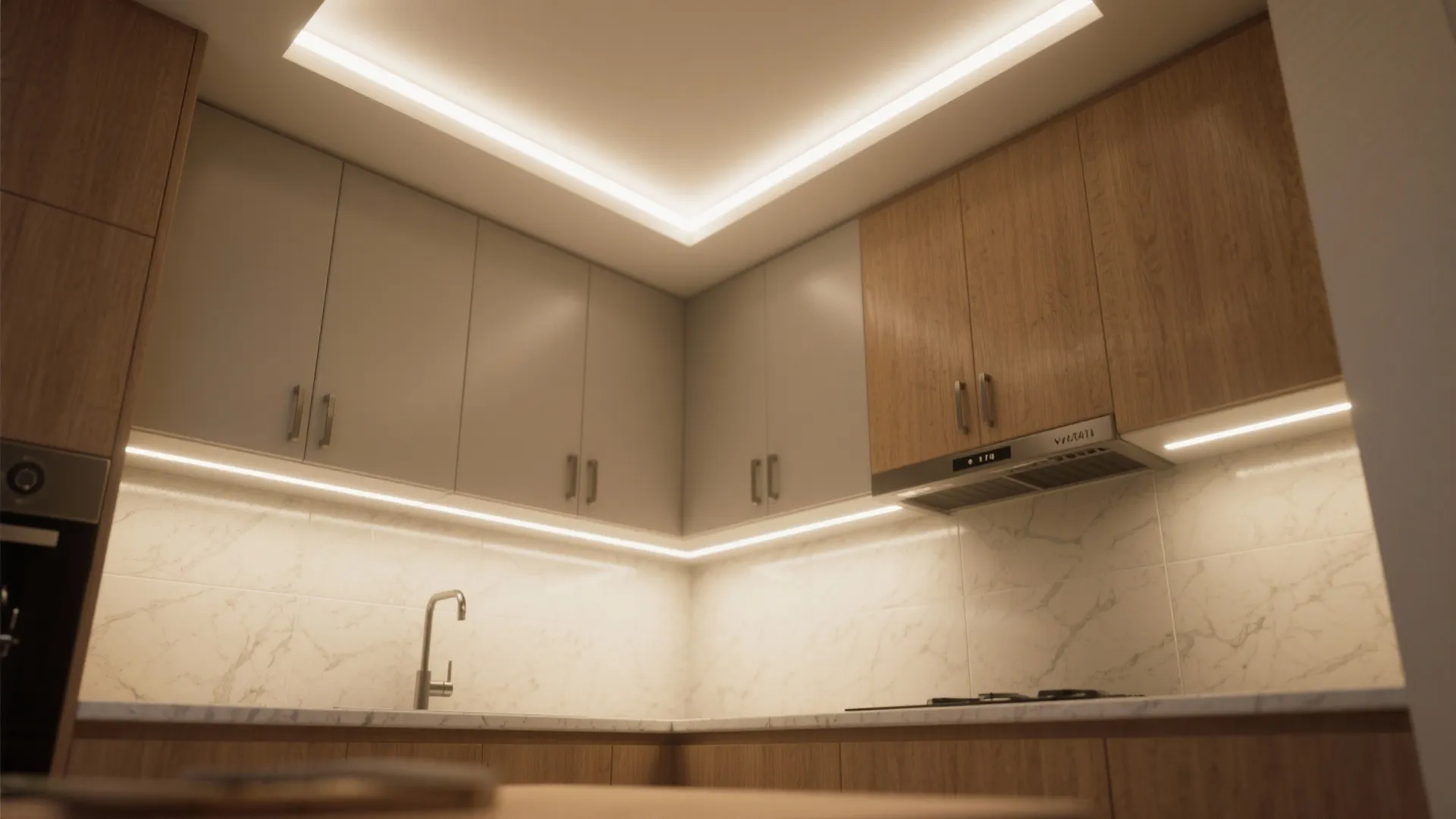 Modern kitchen corner with wooden cabinets grey wall units sink and warm under cabinet light