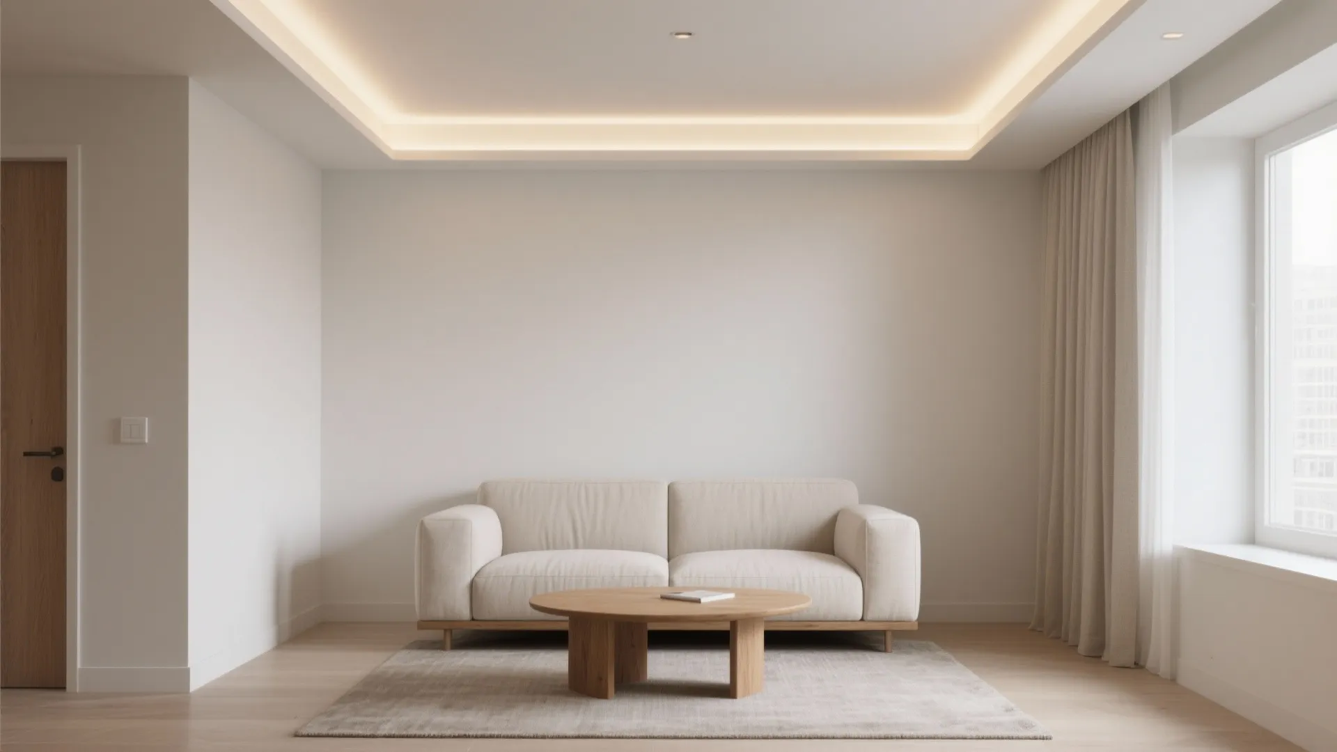 Minimalist living room with white sofa round wood table grey rug and cove ceiling lights