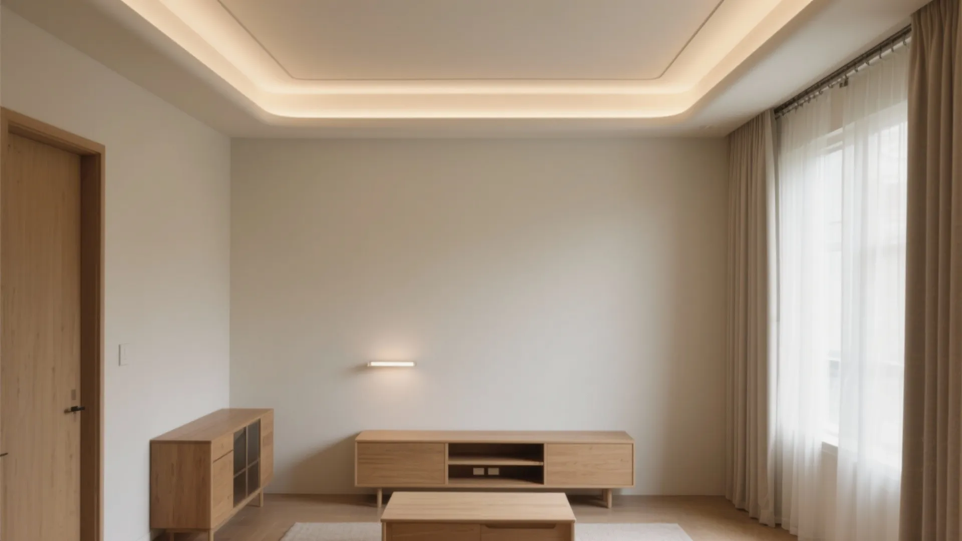 Minimalist living room featuring wooden cabinet coffee table hidden ceiling lights and white curtain for window