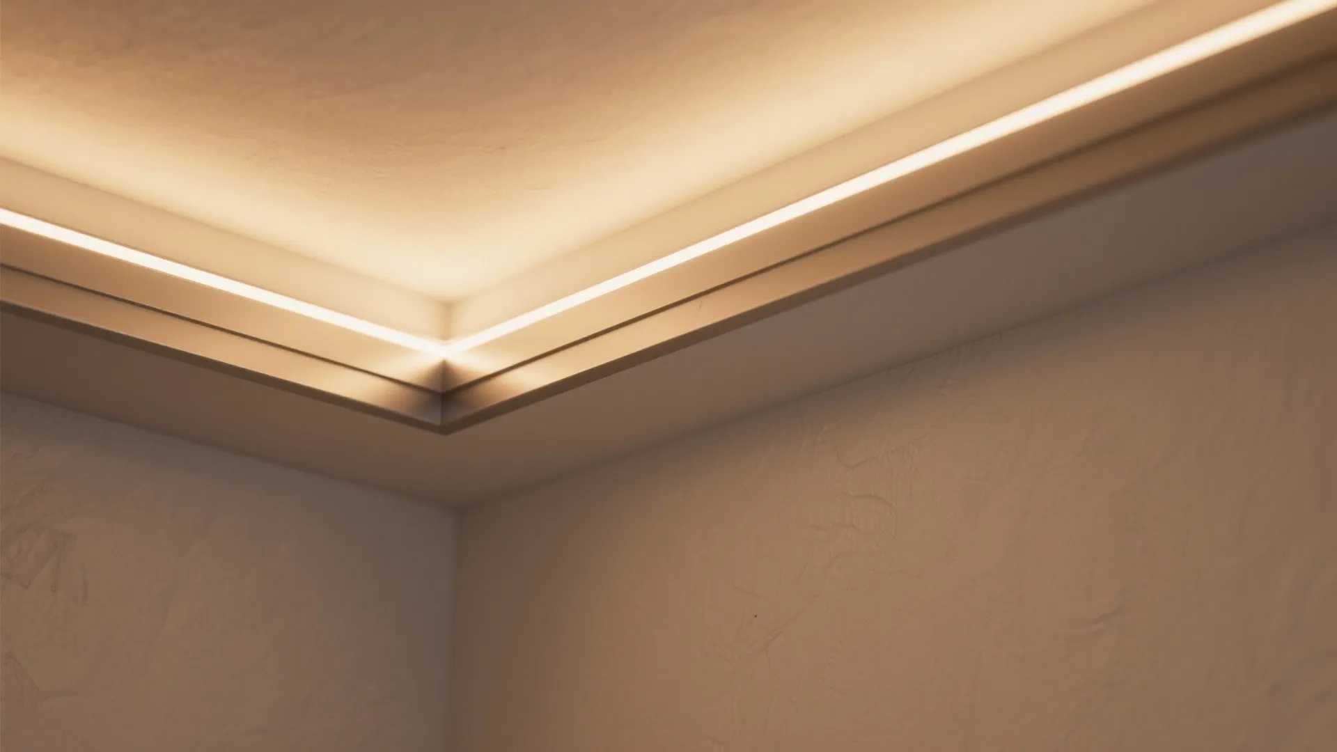 Close-up of a shallow ceiling cove with warm LED strip hidden in an aluminium profile, soft indirect glow.