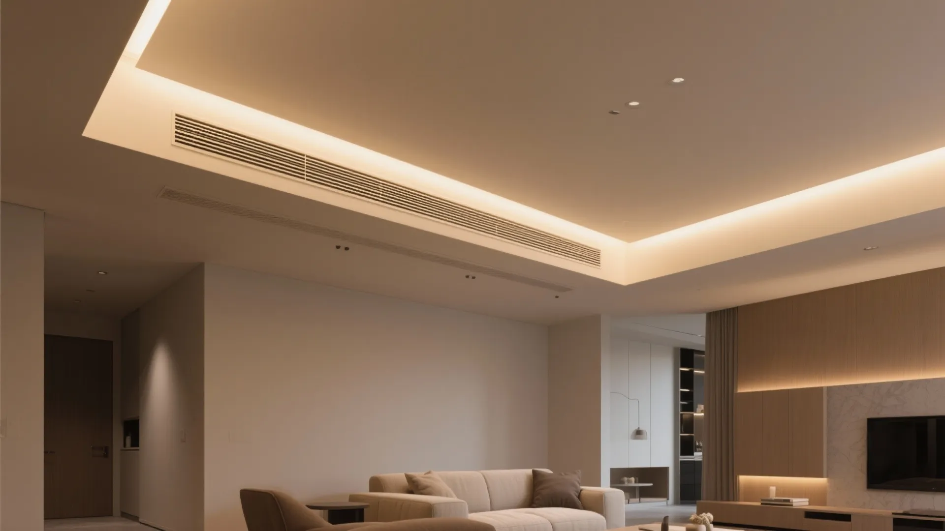 Modern living room with hidden ceiling lights white sofa warm wall light and wooden panels