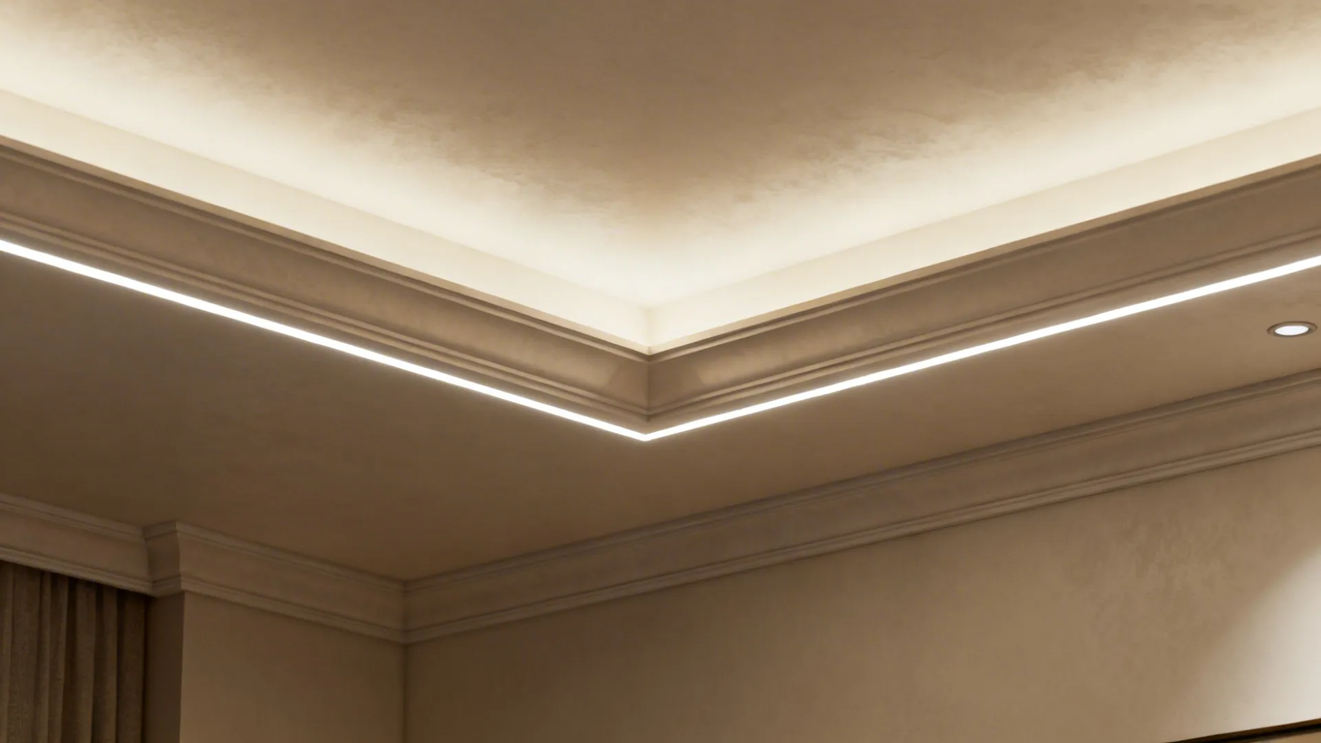 Ceiling cove with hidden LED strip creating a soft floating ceiling effect