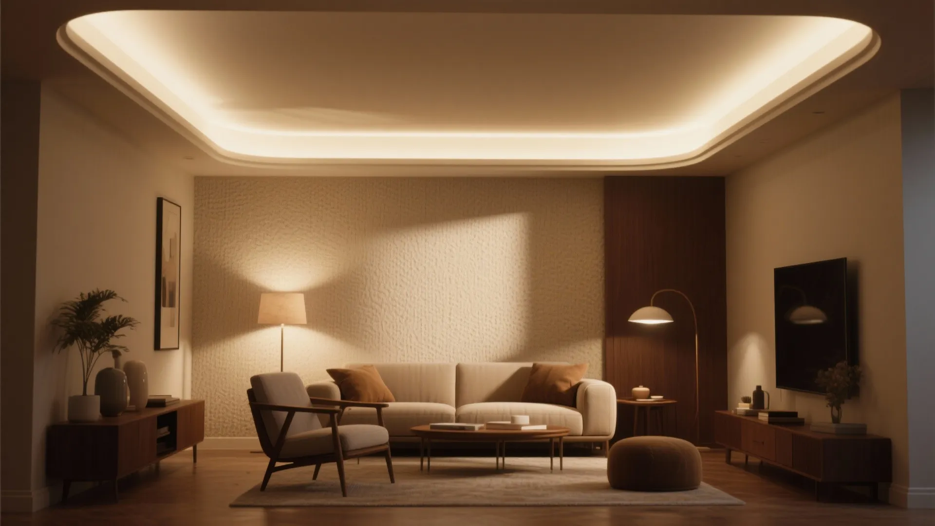 Modern living room featuring a warm recessed ceiling light sofa armchair and wooden television cabinet