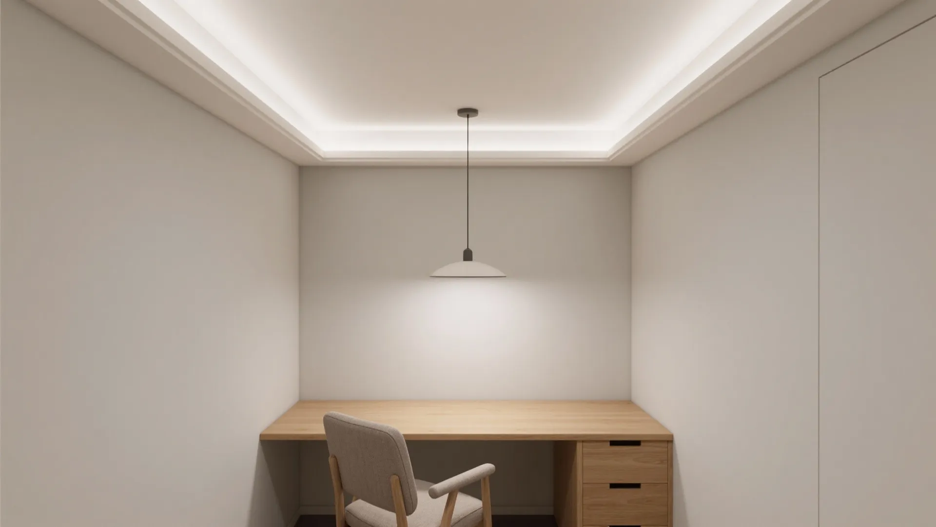 Small home office with wooden desk, grey chair, hanging ceiling light, and warm recessed lighting