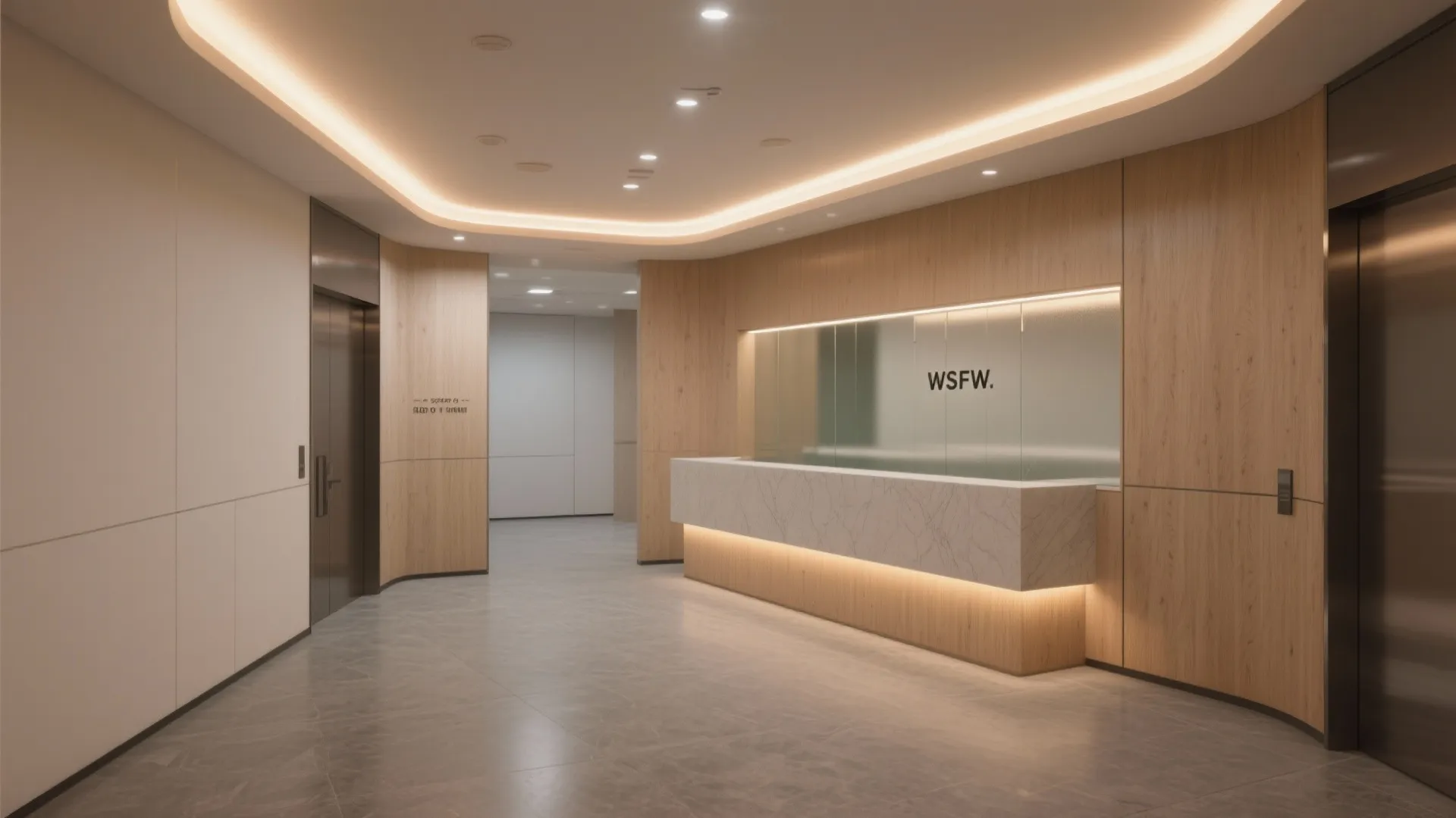 Small lobby showing uniform ceiling wash and perimeter cove glow that lifts the ceiling and calms the space.