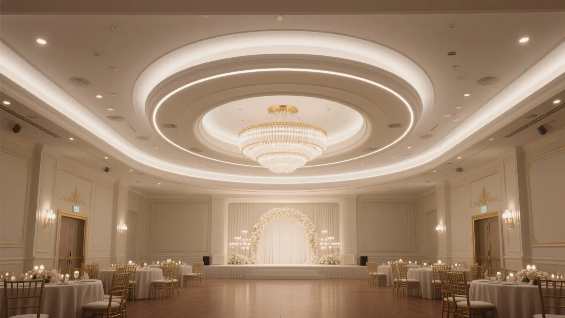 Ballroom ceiling with multi-layer cove lighting and a central ring chandelier, tunable white LEDs for ceremonies.