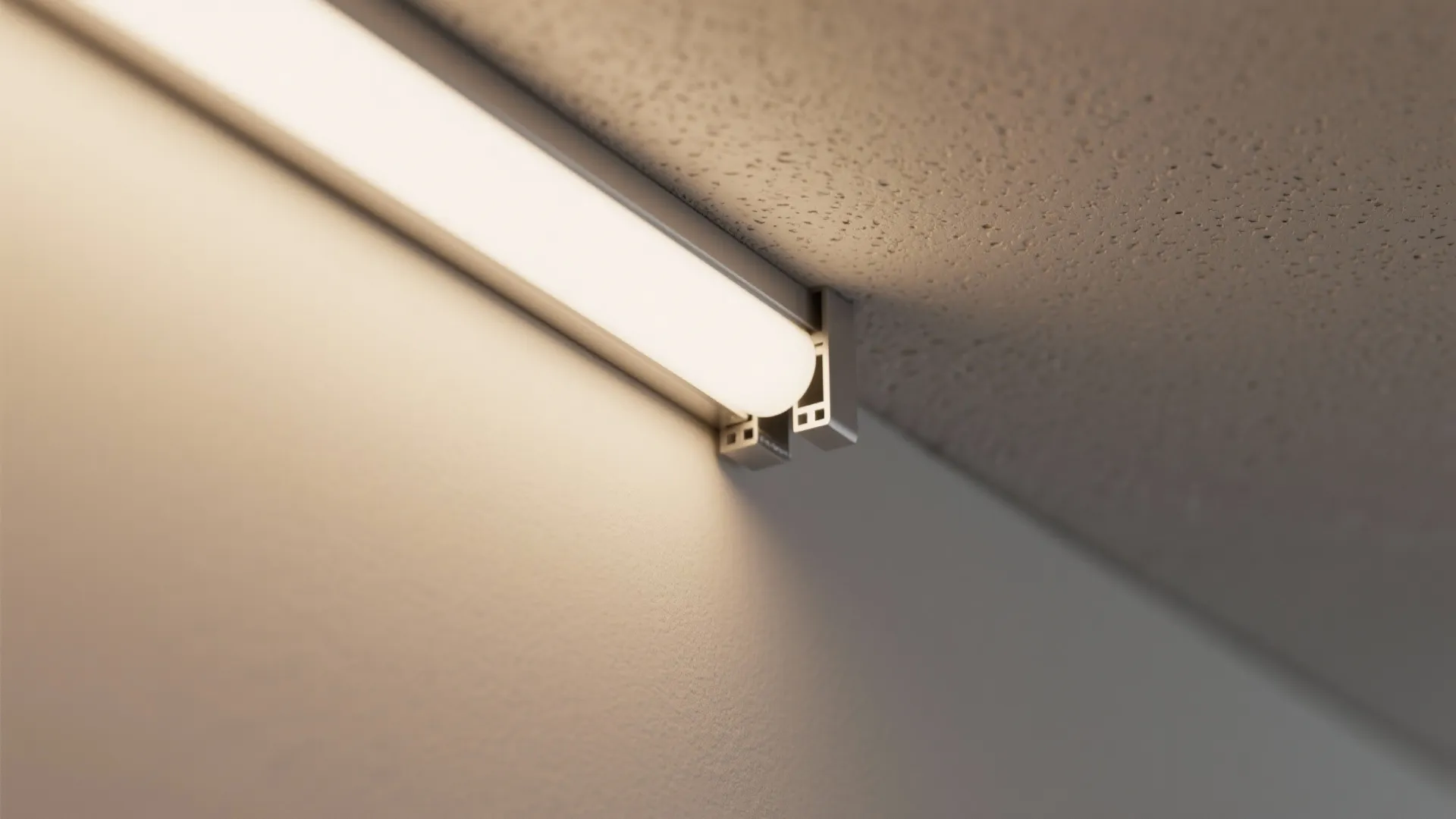 Close up of a linear light fixture installed on a white wall near the ceiling