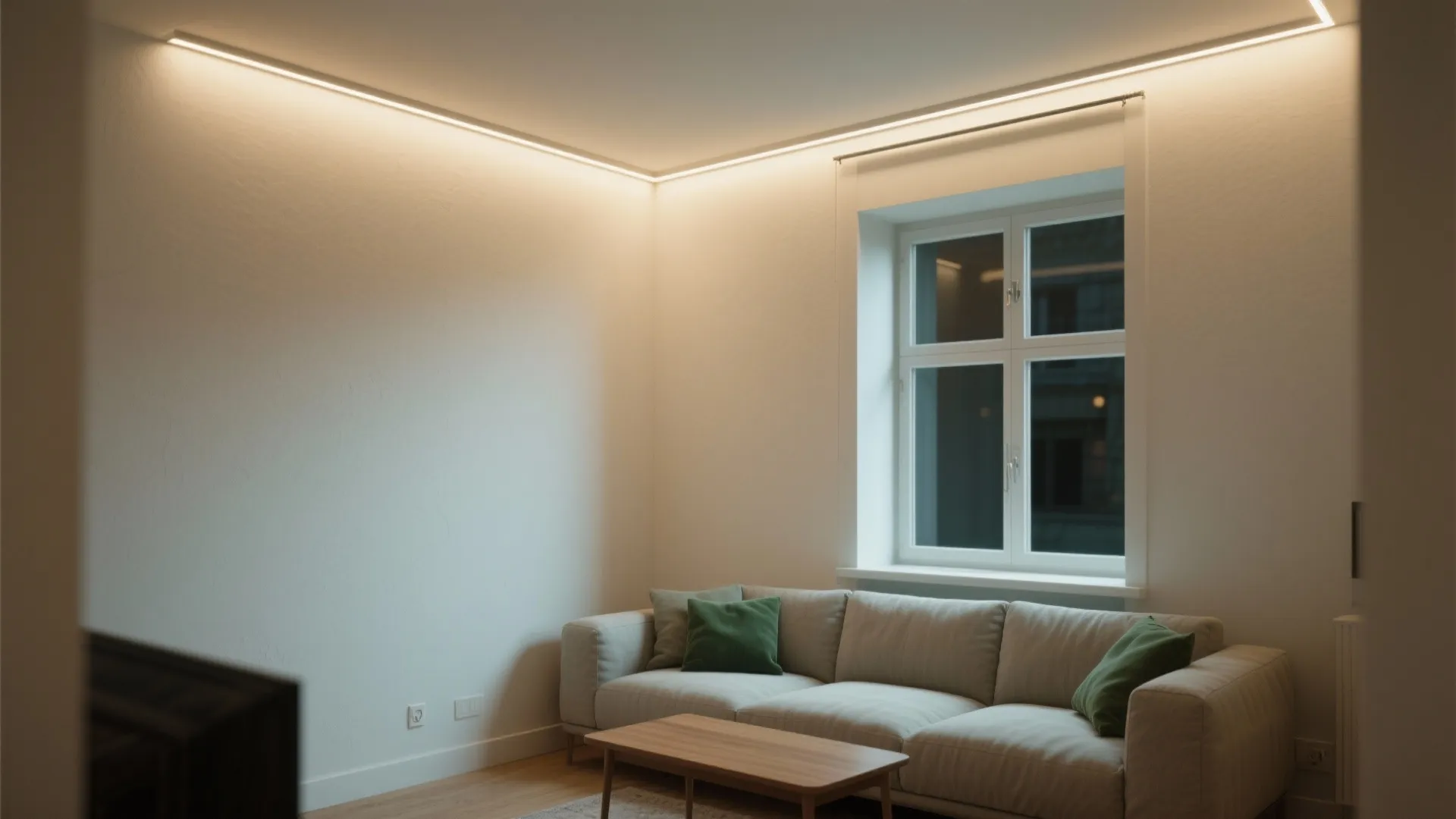 Living room featuring white sofa with green pillows, wood coffee table, window and ceiling light