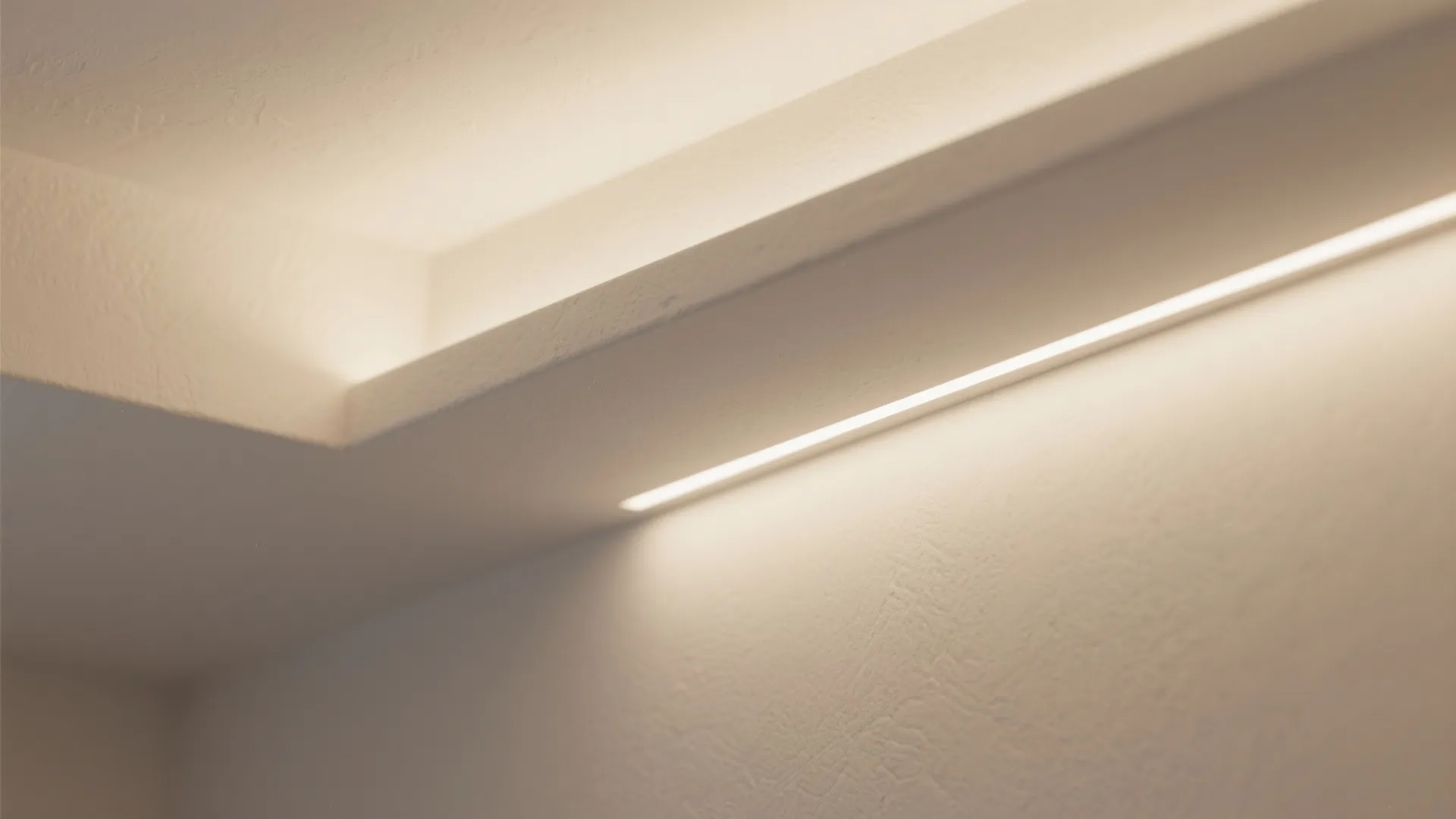Close up view of recessed warm led strip light installed within a white plaster ceiling