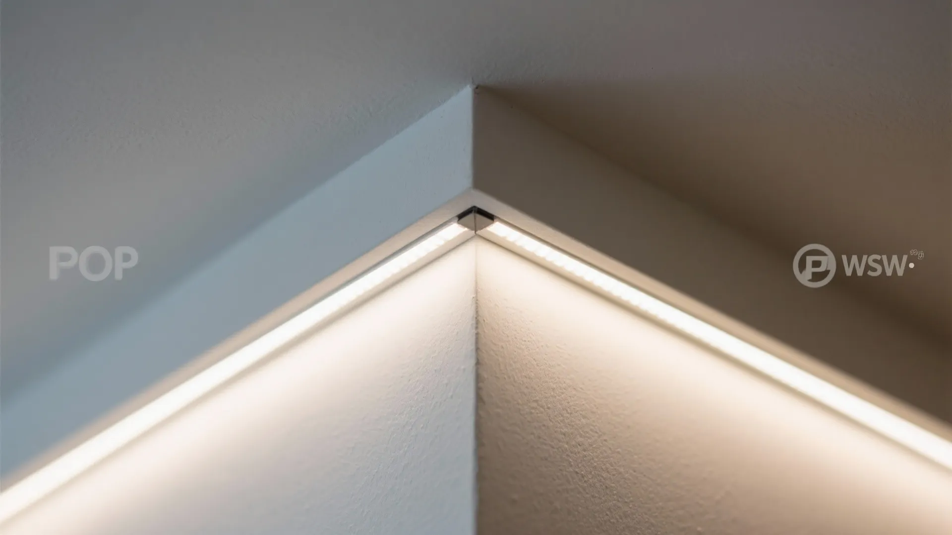 Close up view of a white ceiling corner featuring a bright linear light fixture installed inside