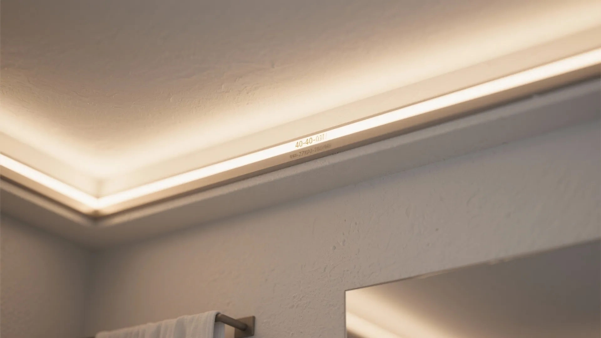 Close up of warm yellow hidden ceiling light strip installed along a white wall panel
