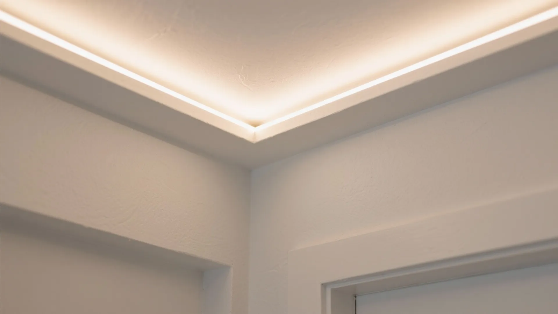 Close up view of white recessed ceiling light fixture installed in a modern room corner