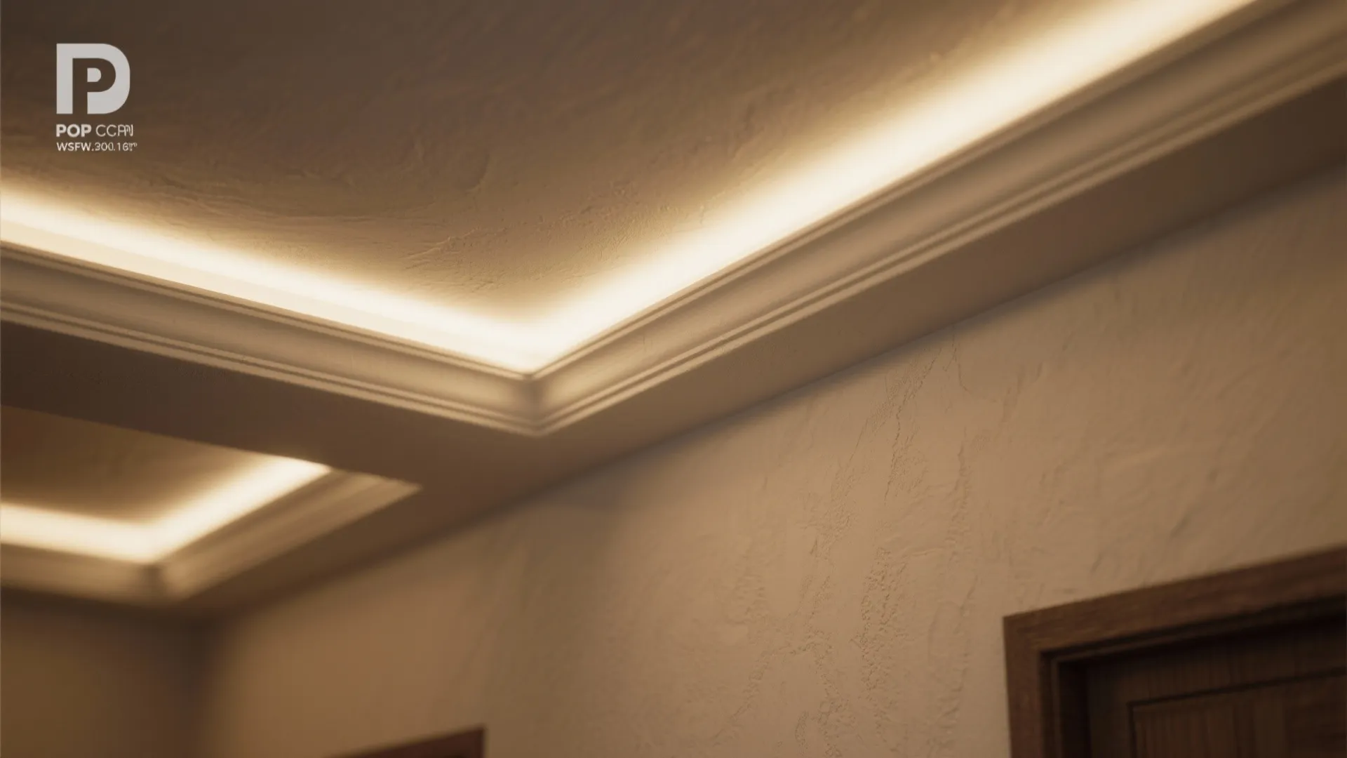 Close up of warm hidden light fixture installed along the edge of a white ceiling