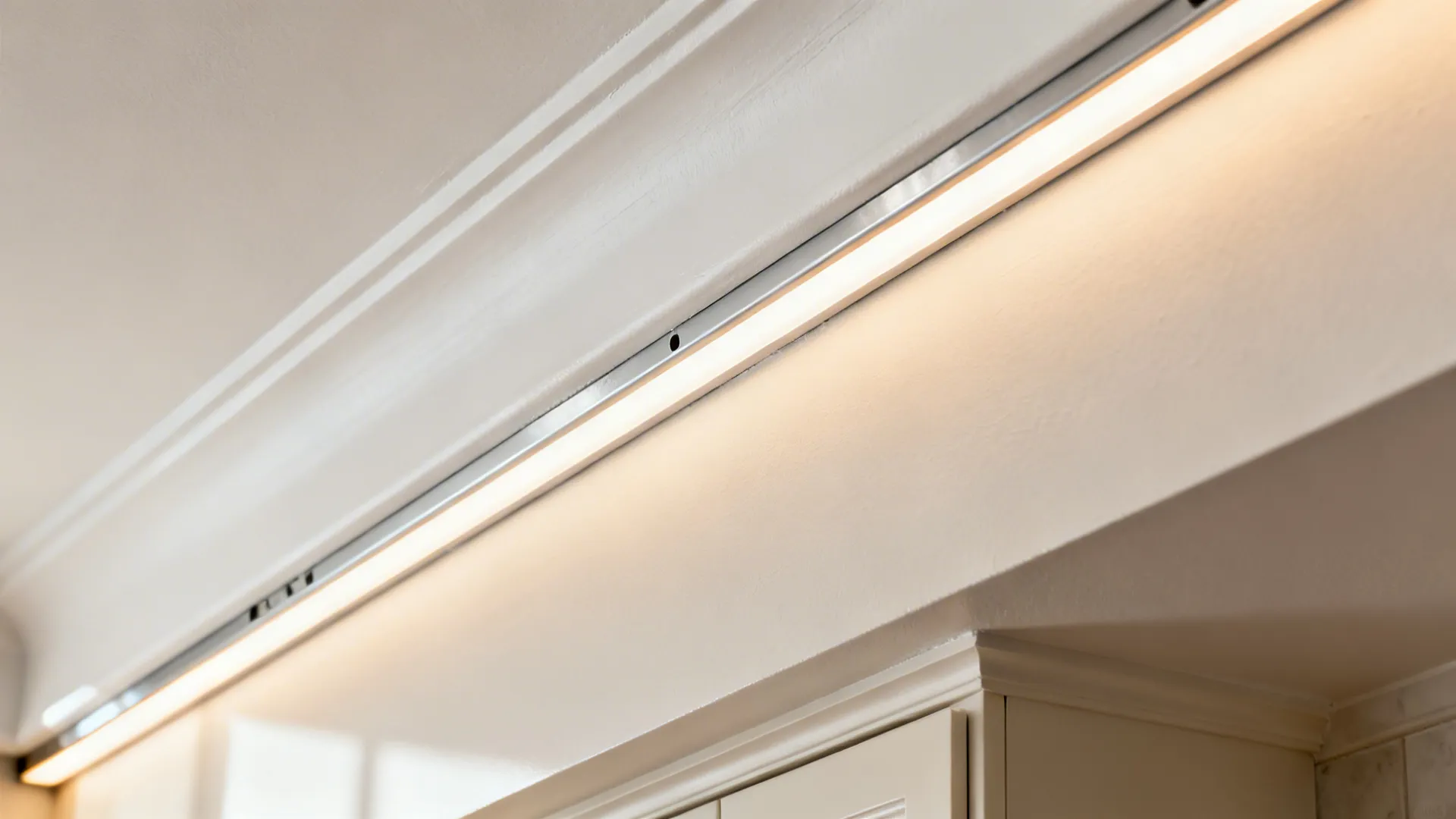 Macro of a kitchen cove ceiling showing a clean 1–2 inch reveal and diffused 2700K LED in an aluminum channel.
