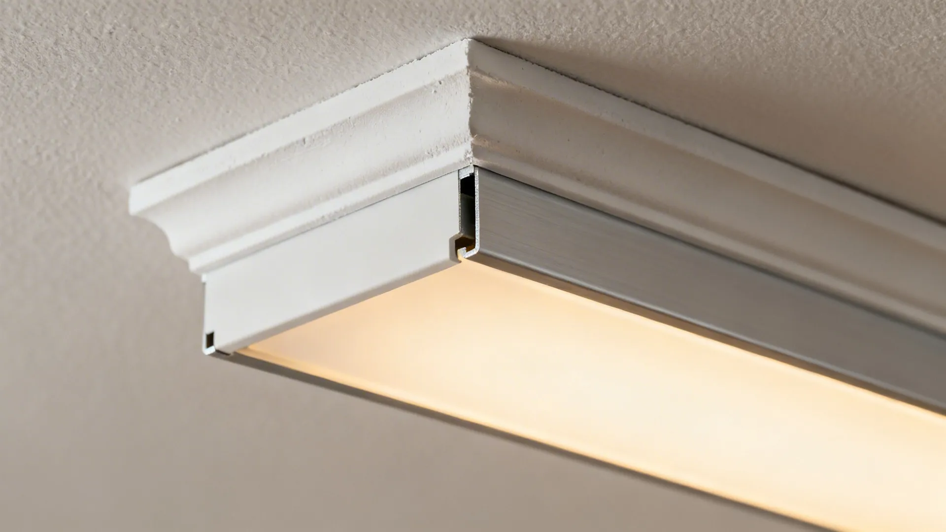 Macro view of gypsum cove with aluminum LED profile and smooth reveal.