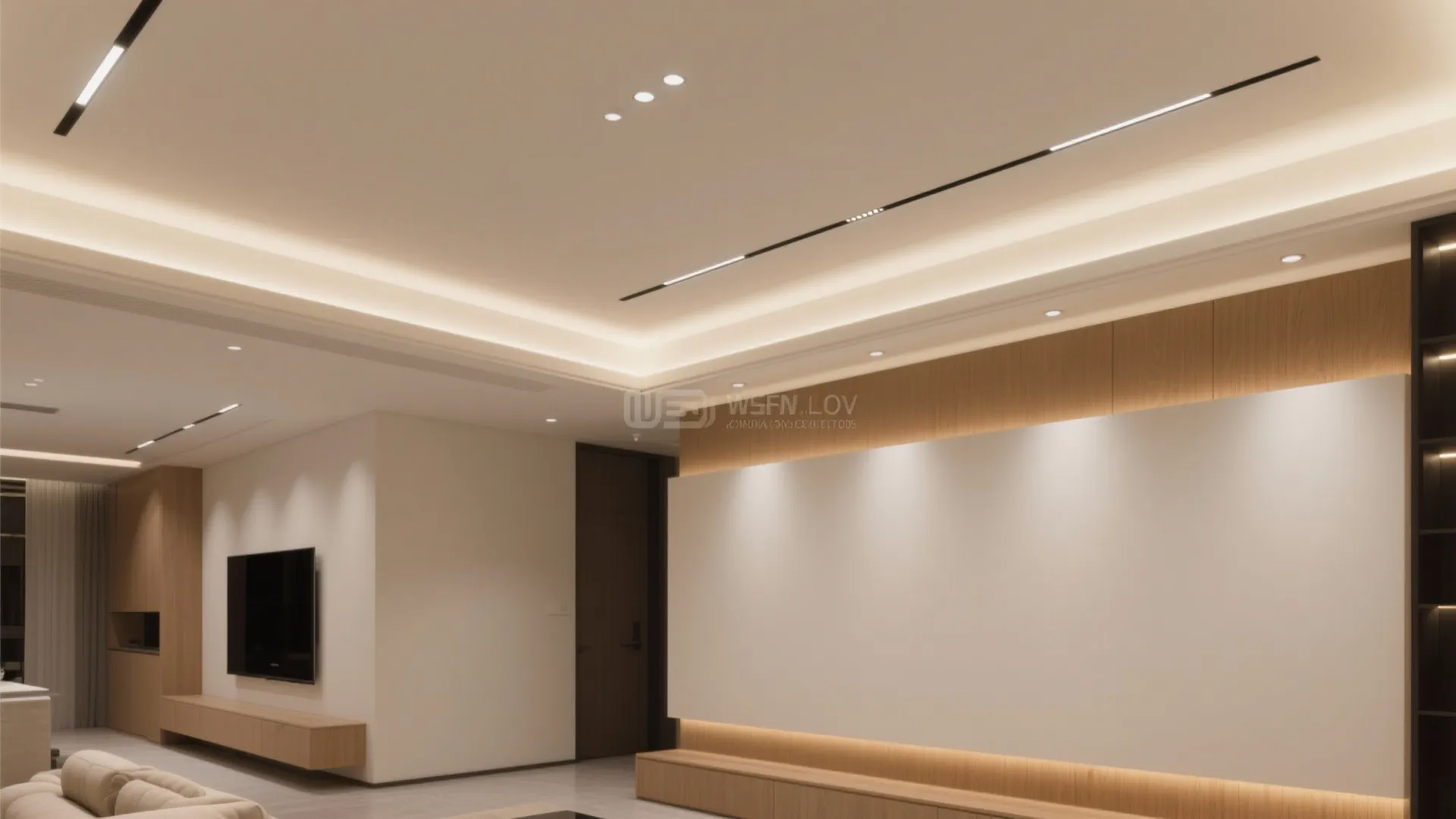Modern living room featuring a recessed ceiling with integrated light strips and warm wall paneling