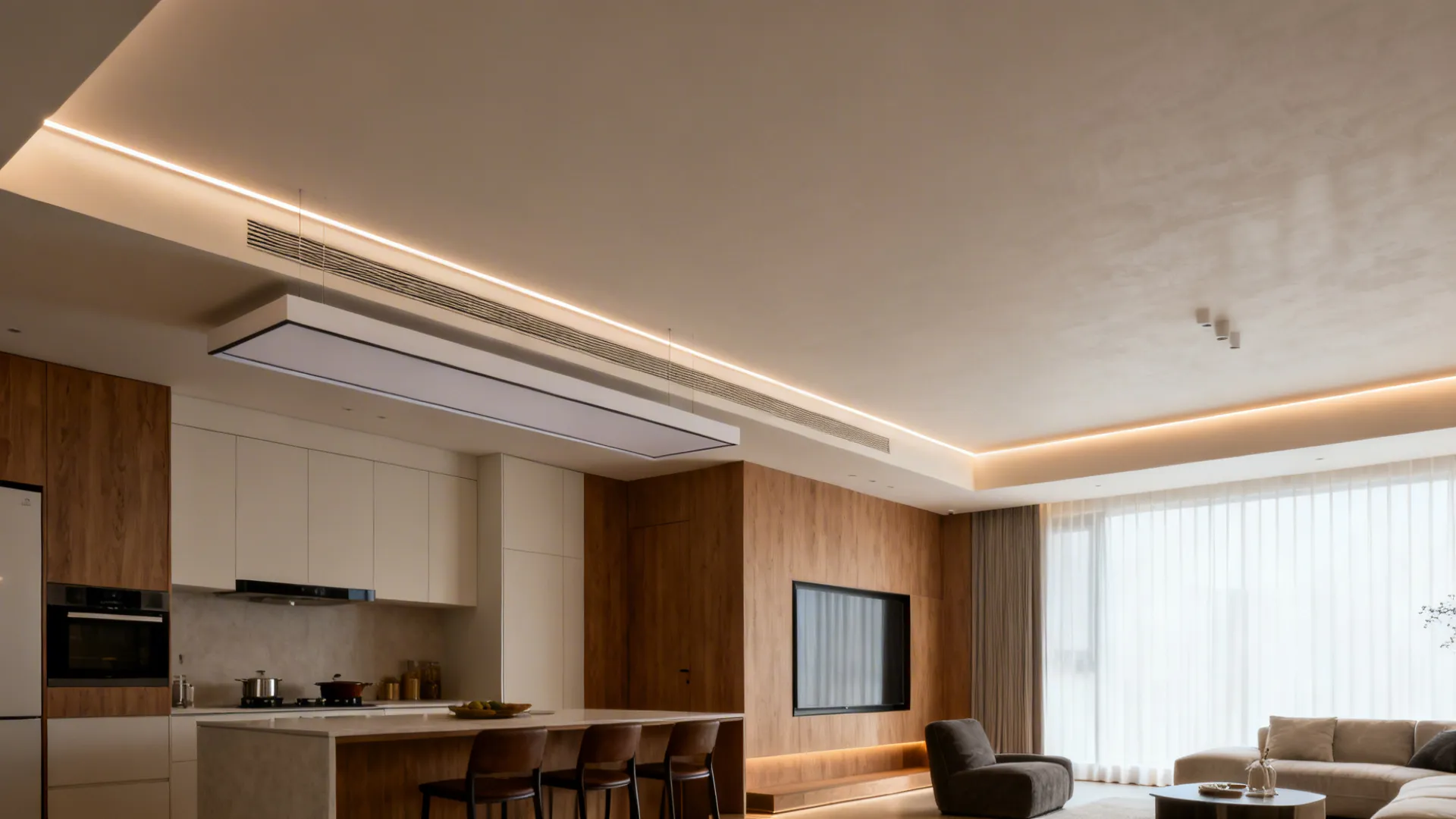 Slim floating drop above a kitchen island casts a soft cove glow that continues into the living room.