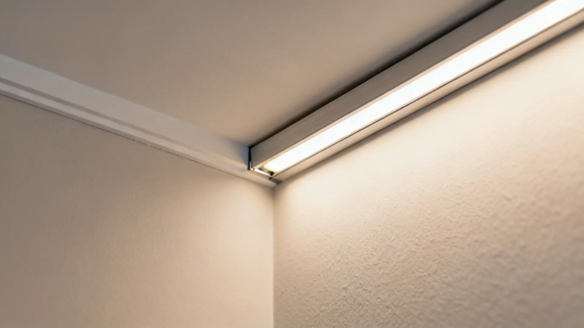 Macro of cove ceiling edge with aluminum LED channel and crisp shadow gap.