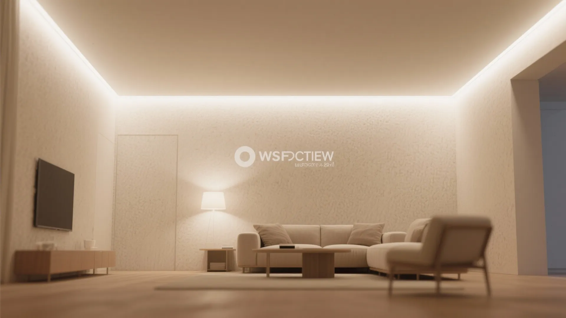 Modern living room with white sofa, coffee table, wall mounted television, and recessed ceiling light