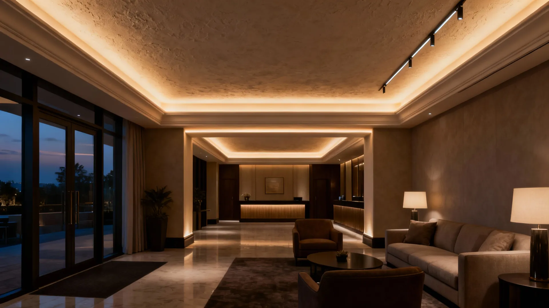 Luxury hotel lobby featuring warm hidden ceiling lights soft beige sofa armchairs and round table