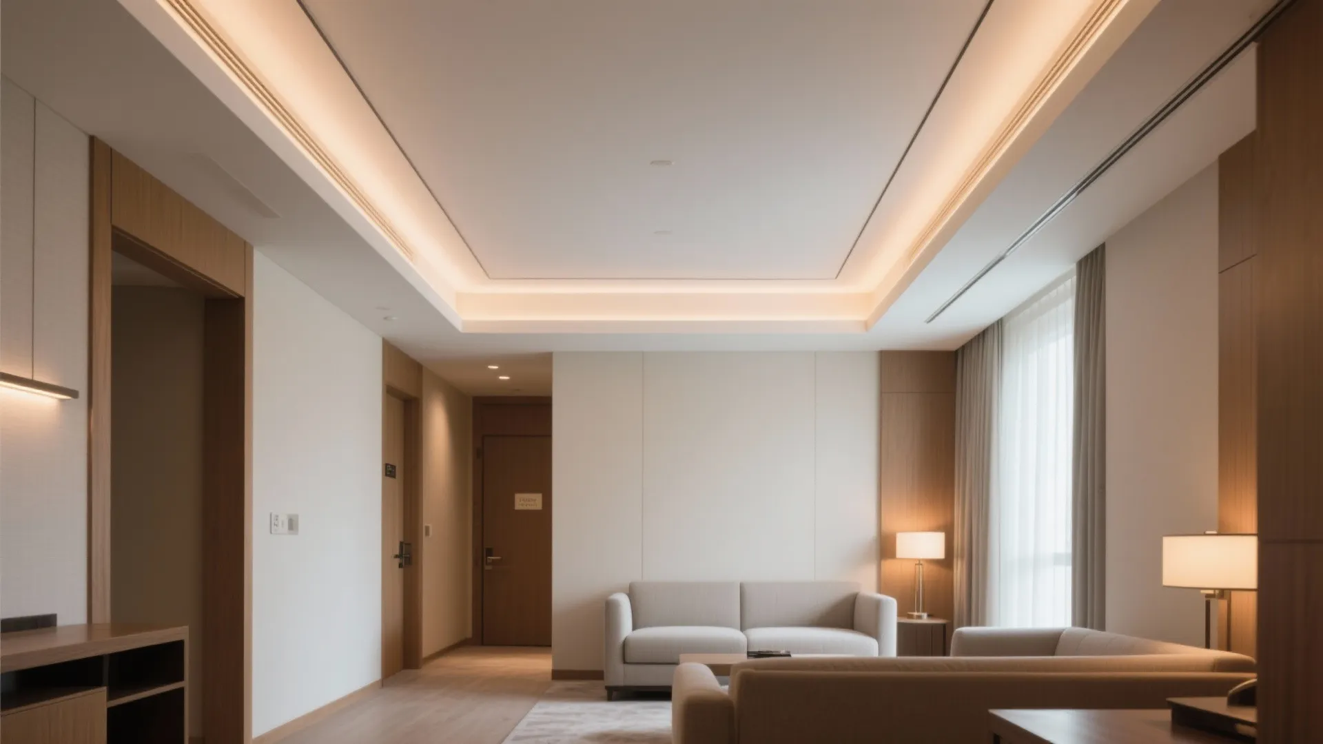 Warm living room with hidden ceiling lights and beige sofa next to a wooden door