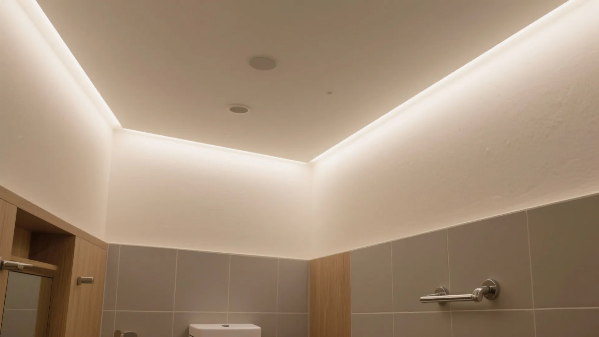 White bathroom ceiling with hidden light fixture strips along the walls and grey wall tiles