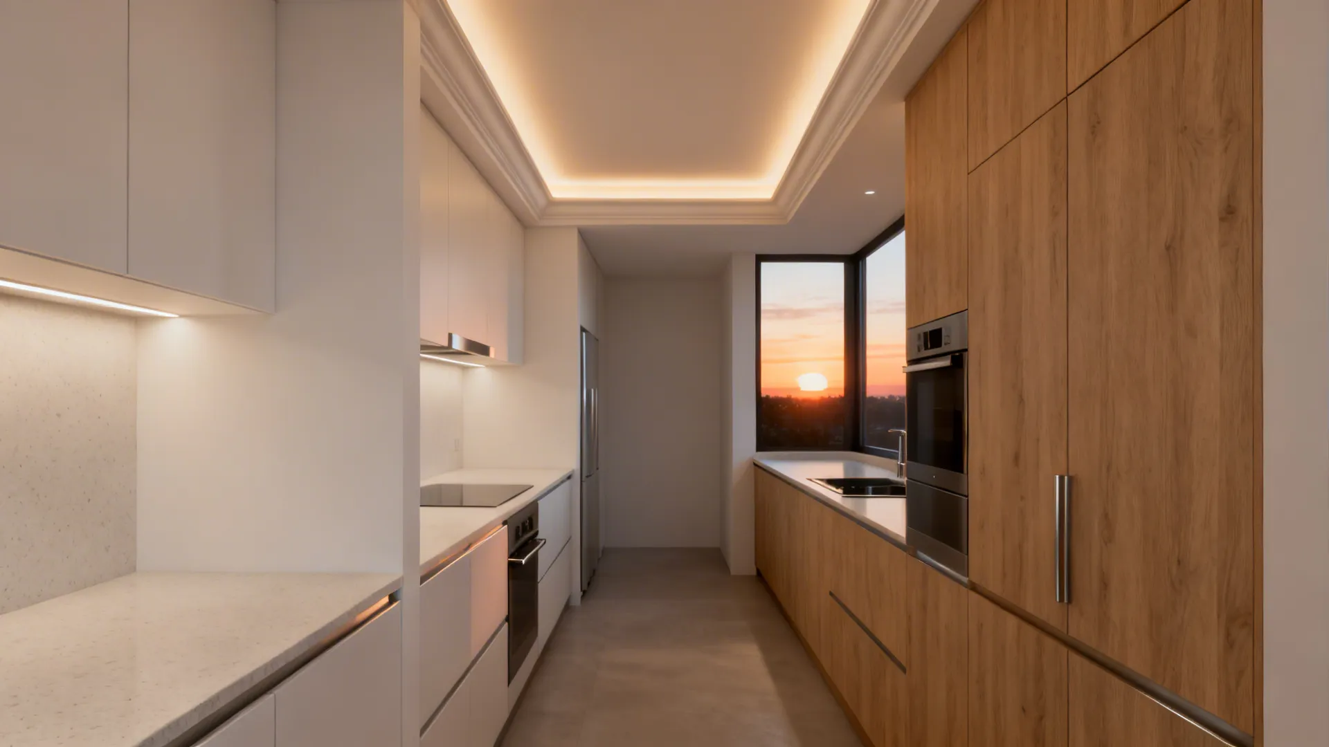 Galley kitchen with floating gypsum cove and warm indirect halo lighting.