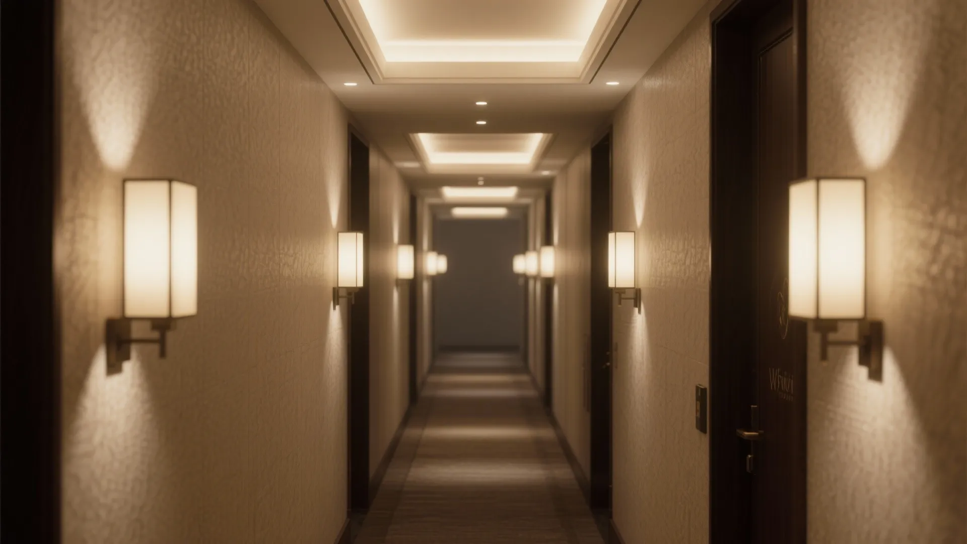 Short hallway with recessed downlights, cove lighting, and recessed wall sconces creating a layered boutique-hotel feel.