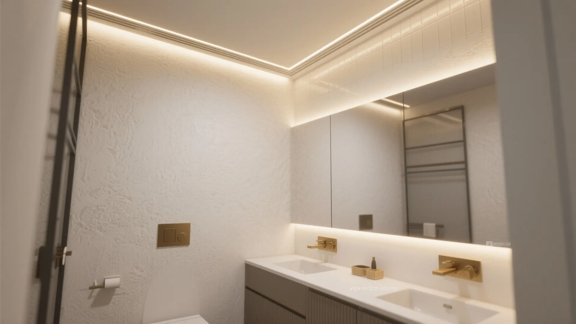 Modern bathroom with double sink vanity, large mirror, hidden ceiling lights, and gold colored faucets
