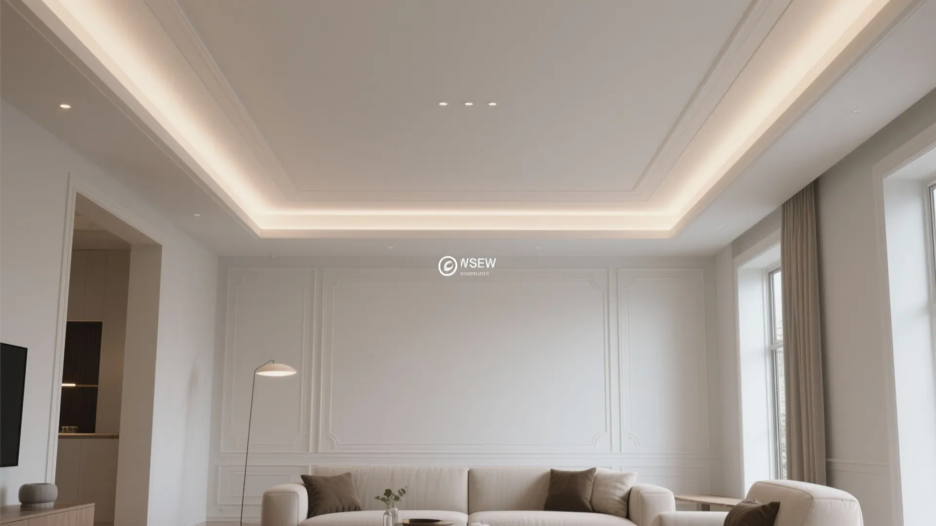 Modern white living room with elegant wall panel designs and warm glowing hidden ceiling light