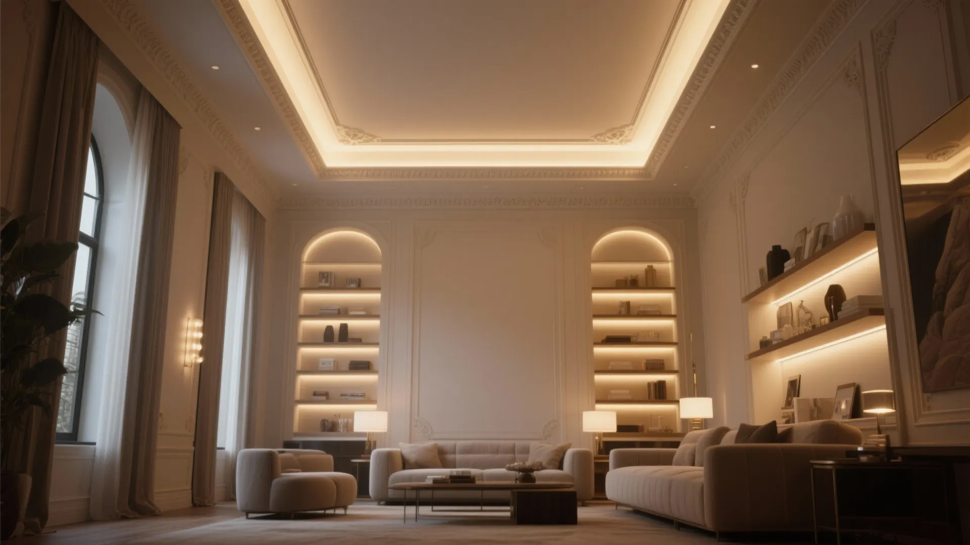 Elegant living room with ceiling light strips white sofas and built in shelves with lighting
