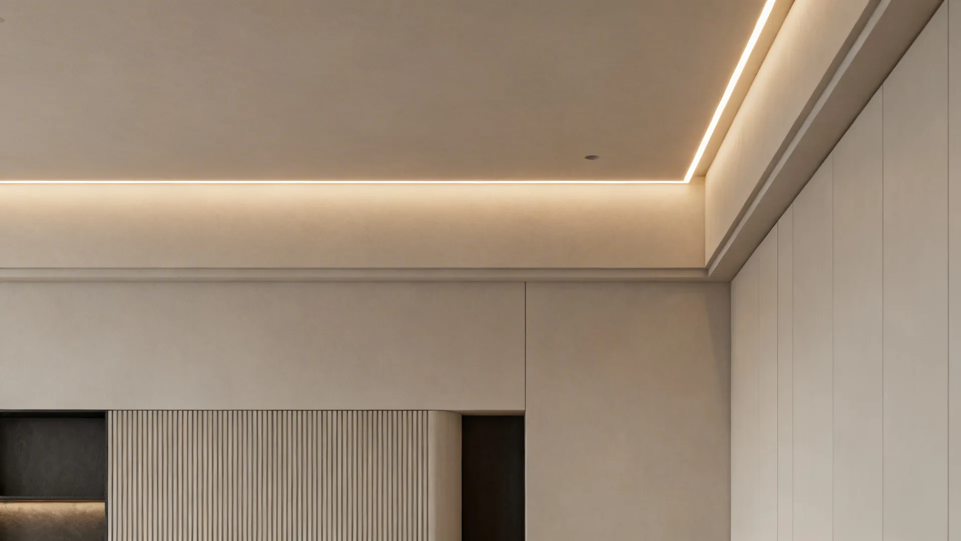 Perimeter cove lighting washing the ceiling to create perceived height in a small living room.