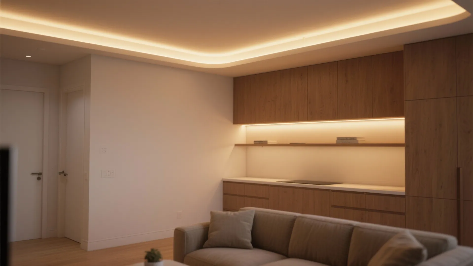 Living room with warm ceiling light hidden in a curve and wooden cabinets with strip lights