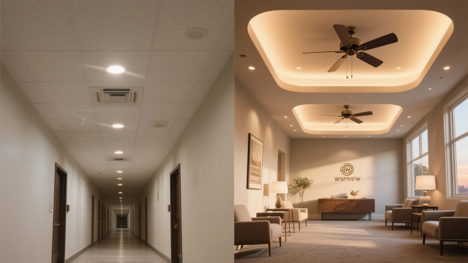 Before and after comparison of plain corridor versus a modern lobby with warm cove lighting