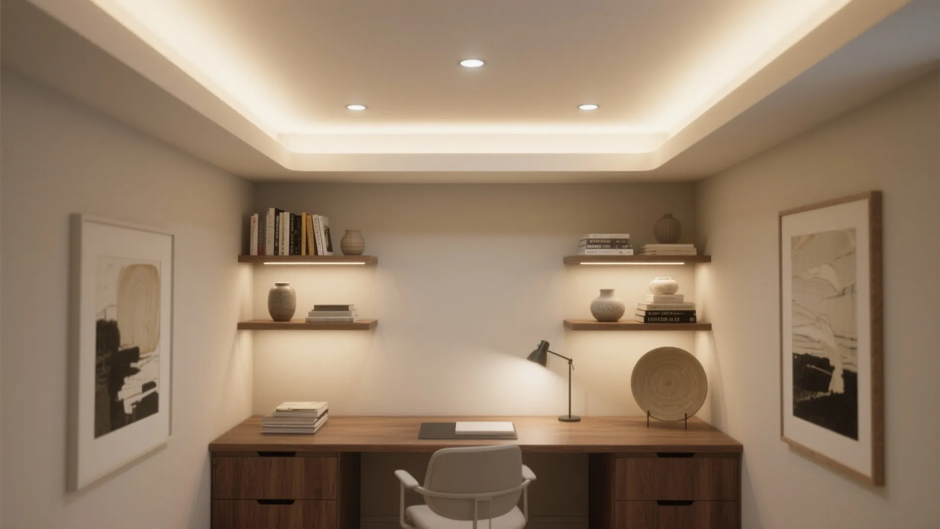 Home office with hidden cove lighting and recessed pin spots accenting shelves and art objects.