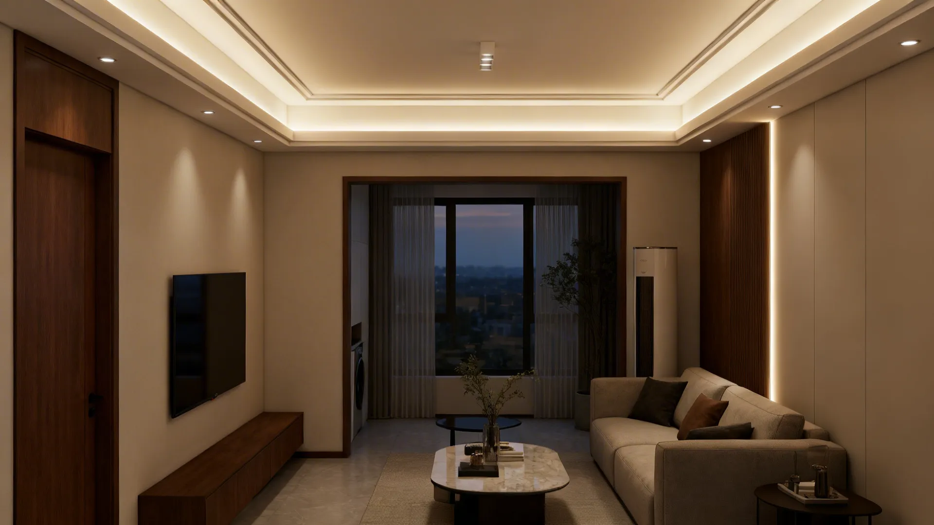 Two-step gypsum tray ceiling with warm cove lighting making a small living room feel taller.